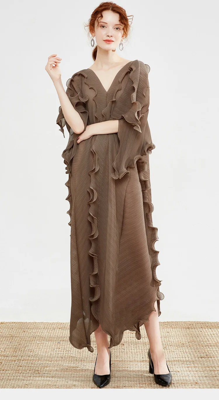 Cocoa color Женское Плиссированное осеннее платье MIYAKE, новинка, свободное платье с длинным рукавом, большие платья с оборками - Цвет: Cocoa color
