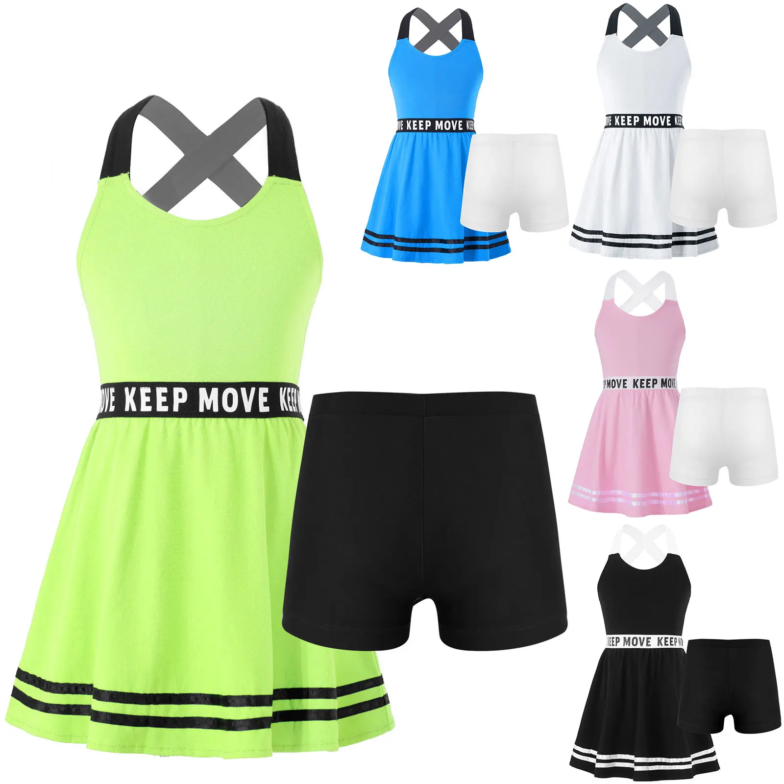 2Pcs Kids Girls Summer Sport Suit Badminton Tennis Dress Casual Sleeveless Letters Print A-line Dress+Shorts Set for Gym Running