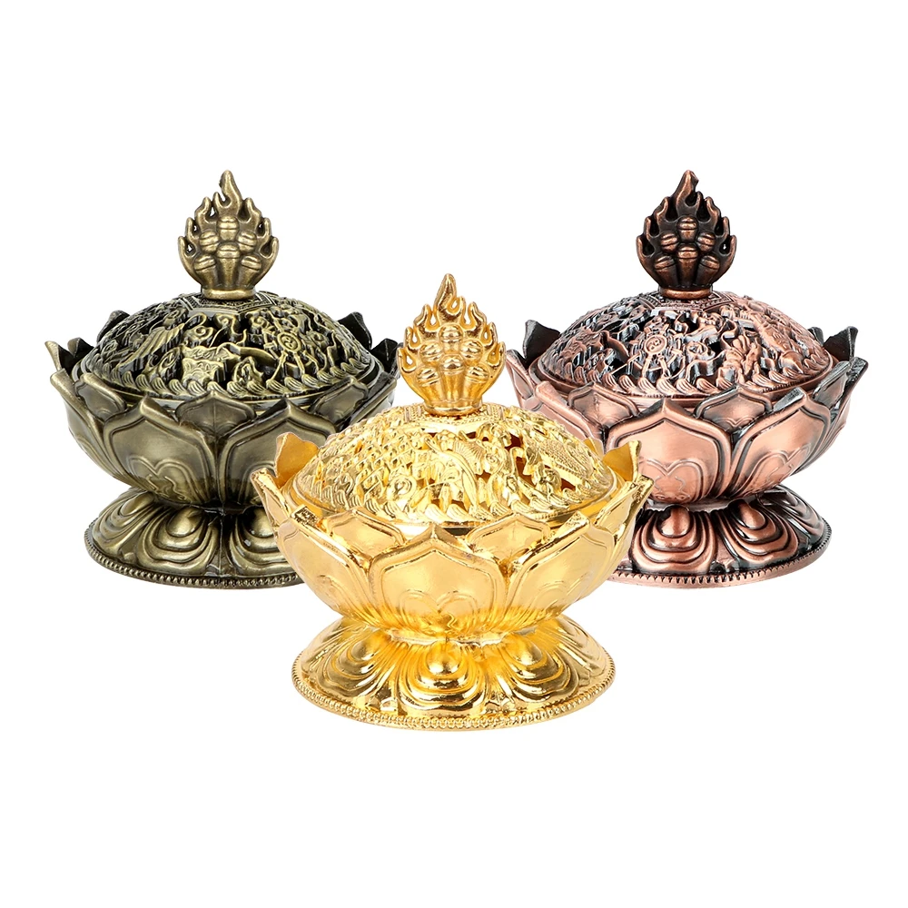 Chinese Incense Burner Box Holder Lotus Flower Sandalwood Censer Bowl