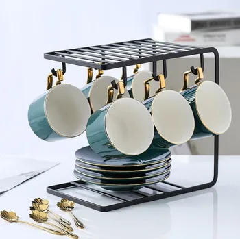 

Nordic Drawing Phnom Penh Green Ceramic Coffee Tea Set Restaurant Household Bone China Metal Bracket Cup Saucer Coffee Set