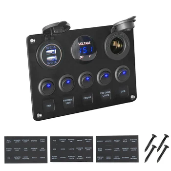 

5 Gang Rocker Switch Panel 12V Waterproof for RV Boat Car Vehicles Truck Marine, Toggle Led Switch Panel Digital Voltmeter Displ