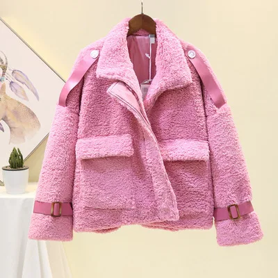 pink Модная зимняя женская розовая куртка из искусственной кожи, Высококачественная плотная теплая свободная однотонная короткая овечья шерсть, искусственная Меховая куртка, верхняя одежда для женщин - Цвет: pink