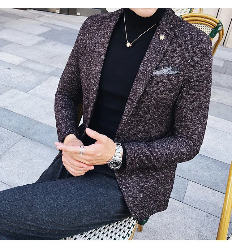 Мужской твидовый Блейзер Осень зима блейзер masculino slim fit повседневные мужские спортивные пиджаки hombre invierno ho Мужской Блейзер черный синий коричневый