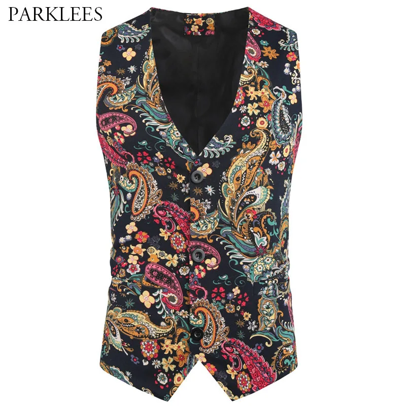

Colorful Paisley Floral Printed Men Vest 2020 Wedding Prom Party Vests Dress for Mens Casual Slim Fit Ethnic Style Men Waistcoat