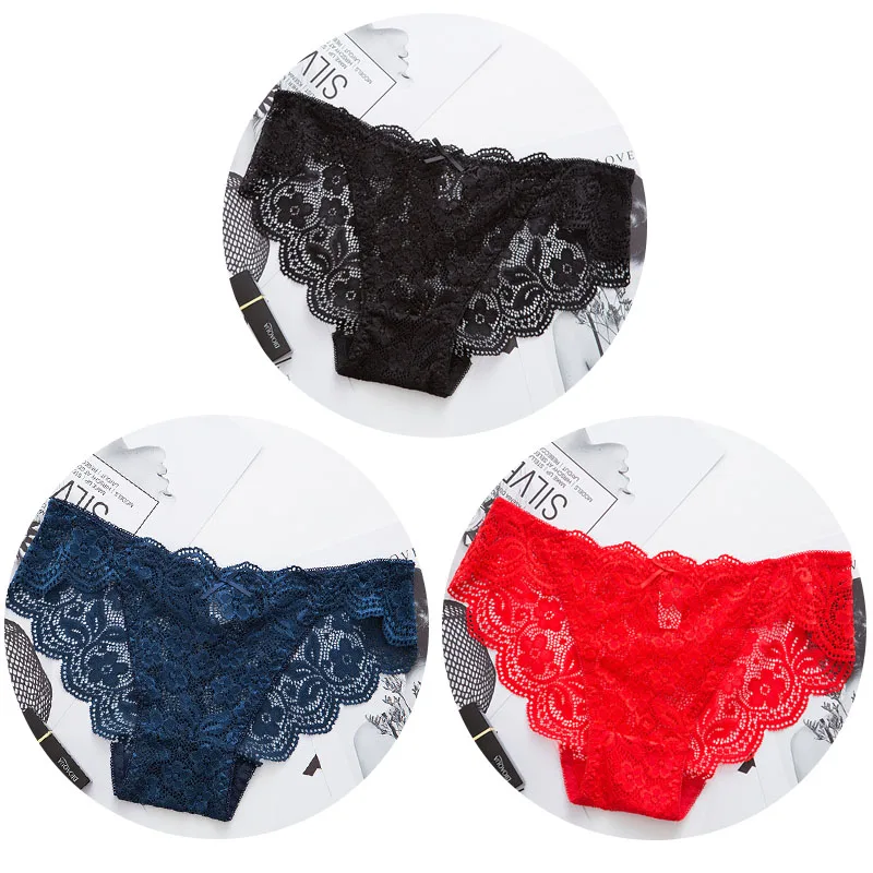 black blue red TEXIWAS, 3 шт./лот, сексуальные кружевные трусики, женское нижнее белье, сексуальные полые прозрачные трусы, женское нижнее белье, трусики с низкой посадкой - Цвет: black blue red