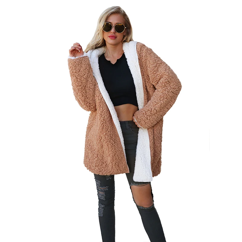 

Furry Winter Women Shaggy Coat Teddy Coat with Fur Trim Hood Thick Warm Fur New Casual Female Hoodie Two-way Contrast Color Coat