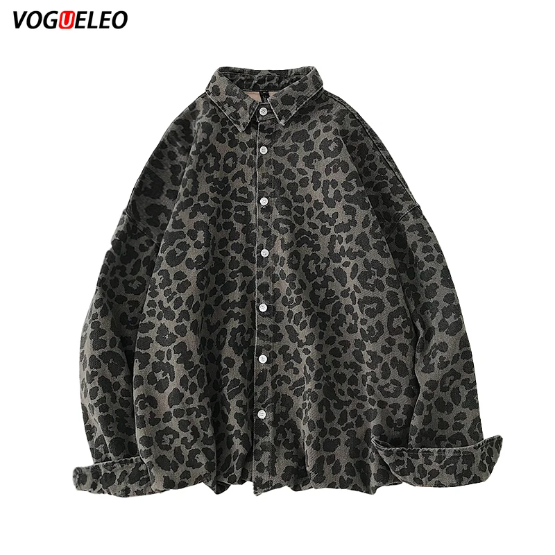 VOGUELEO новая стильная модная леопардовая рубашка с длинными рукавами Повседневная свободная Мужская одежда хлопок осень толстый цветочный принт оверсайз