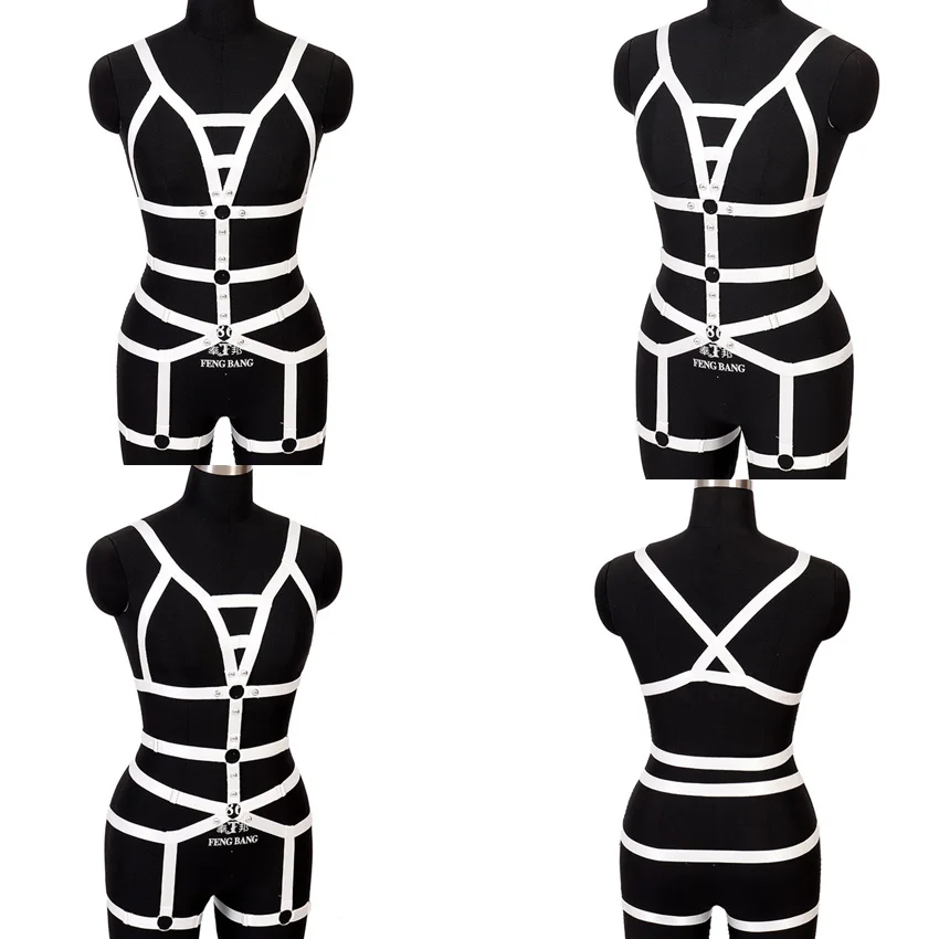 

White Full Body Harness Sexy Lingerie Set Cage Bra Fetish Chest Bondage Strappy Garter Belt Adjust Tops Dance Festival Rave Wear