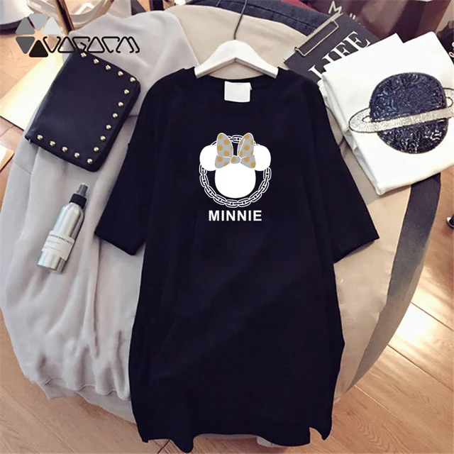 Summer Fashion Women Dresses Mickey Minnie Cartoon Print Clothes Loose Women Clothing  Cute Mini Dress Black D001m298 Black