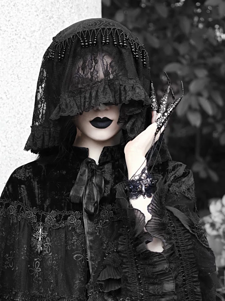 Gothic Black Lace Beaded Veils Hairband Lolita Cosplay Headwear