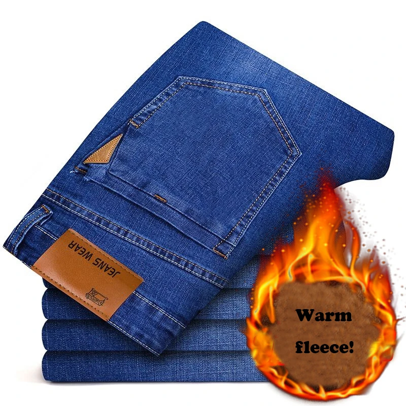 Новинка, плотные теплые мужские джинсы с микро флисом, Влагоотводящая ткань для зимы и осени,, мужские брюки, зауженные мужские джинсы - Цвет: blue