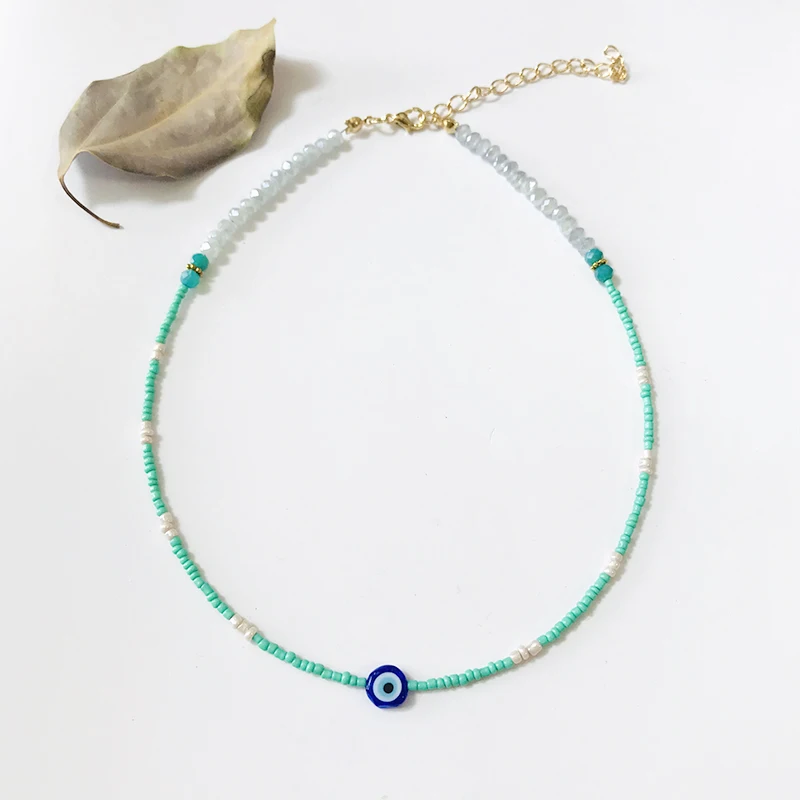 Богемное регулируемое ожерелье из бисера сине-зеленые белые бусины ручной