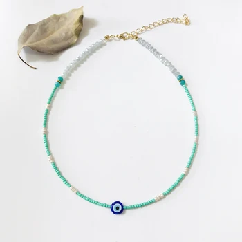 

Bohemian Adjustable Beaded Necklace Blue-green White Beads Handmade Chic Stacking Short Choker Gift For Women Wholesale 2020