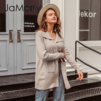 

JaMerry Casual turndown collar knitted women cardigan Long sleeve pocket female sweater cardigan Loose ladies long sweaters