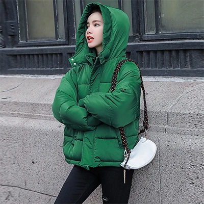 Dark green Однотонные плотные теплые зимние пуховики для женщин, повседневные свободные хлопковые пальто с капюшоном, Корейская женская мода размера плюс, парки, уличная одежда - Цвет: Dark green