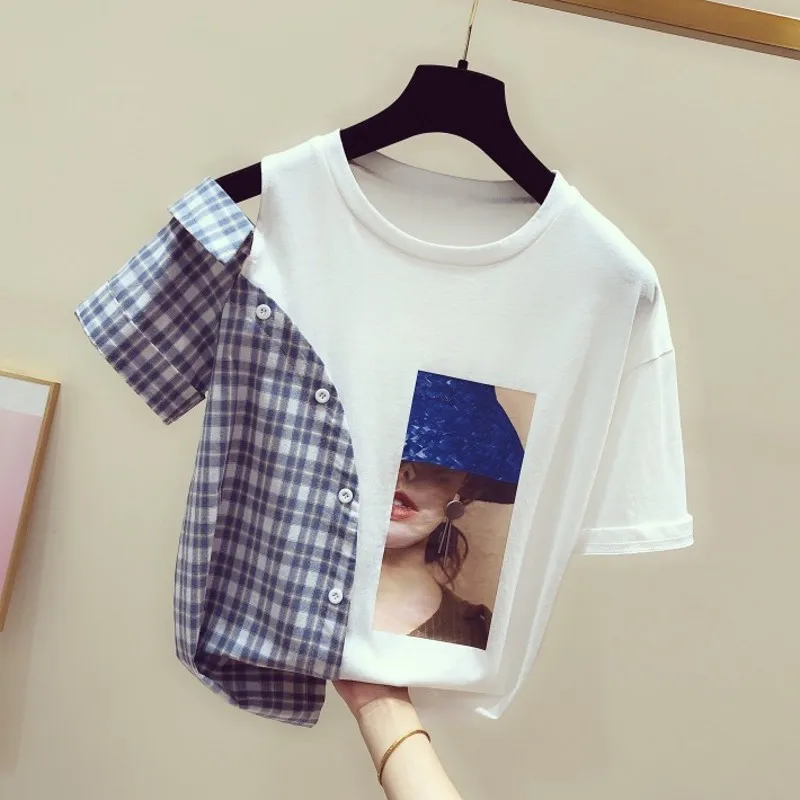 

Faux Two-Piece Top Woman 2020 Spring Summer New Korean Style Plaid Shirt Round-Neck Short-Sleeve Off Shoulder T-shirt Tshirts T
