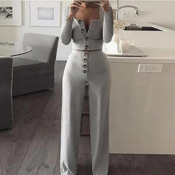 

Sexy Two Piece Set Crop Top Pants Long Sleeve Scoop Collar Buttons Solid Women Sets Tracksuits Spring Two Piece Outfits G1225