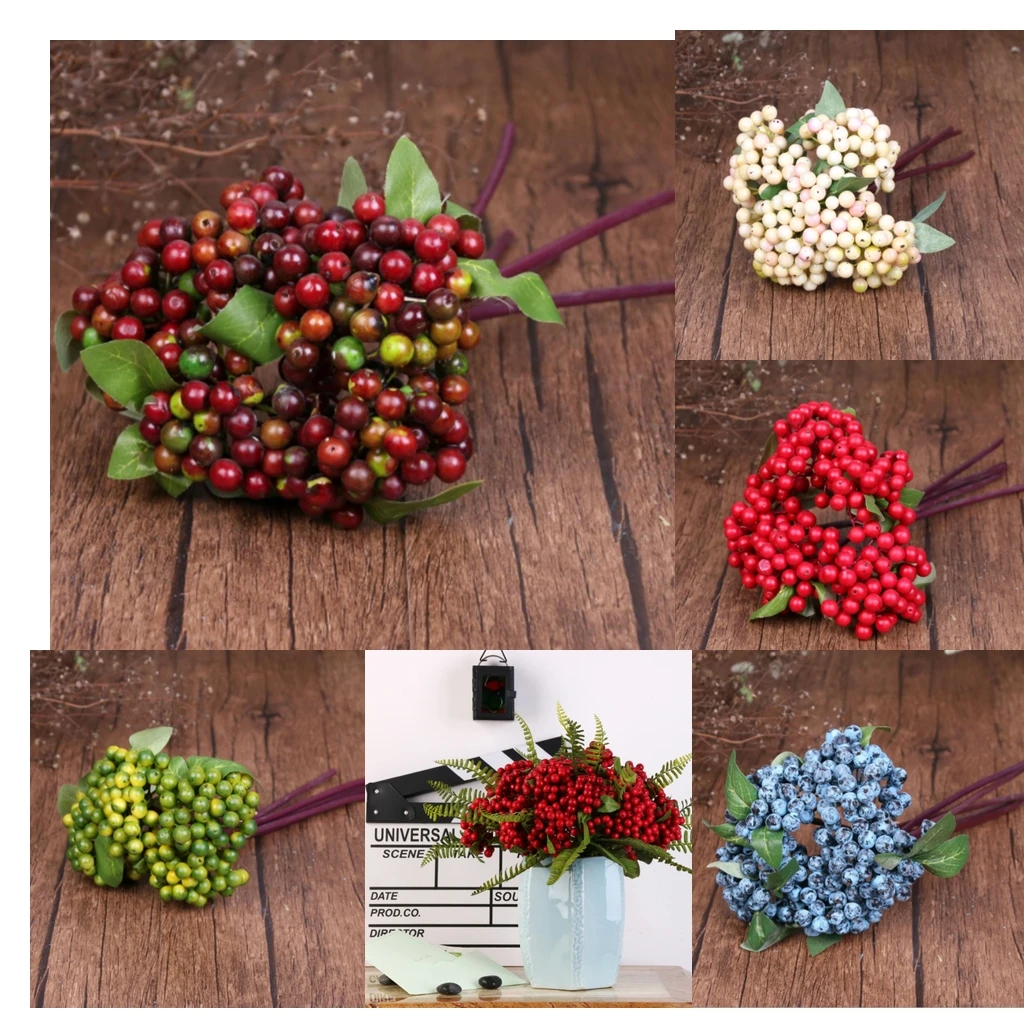 Assorted 5 Colors Artificial Blueberry Berries Fruits with Greeb Leaf, Countertop Fake Flower Vase Potted Home DIY Centerpiece