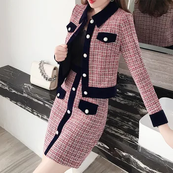 

2020 Autumn Winter Vintage Tweed Dress Women Set Two Piece Long Sleeve Plaid Jacket Tops Skirt Suit Chic Clothing Office Outfit