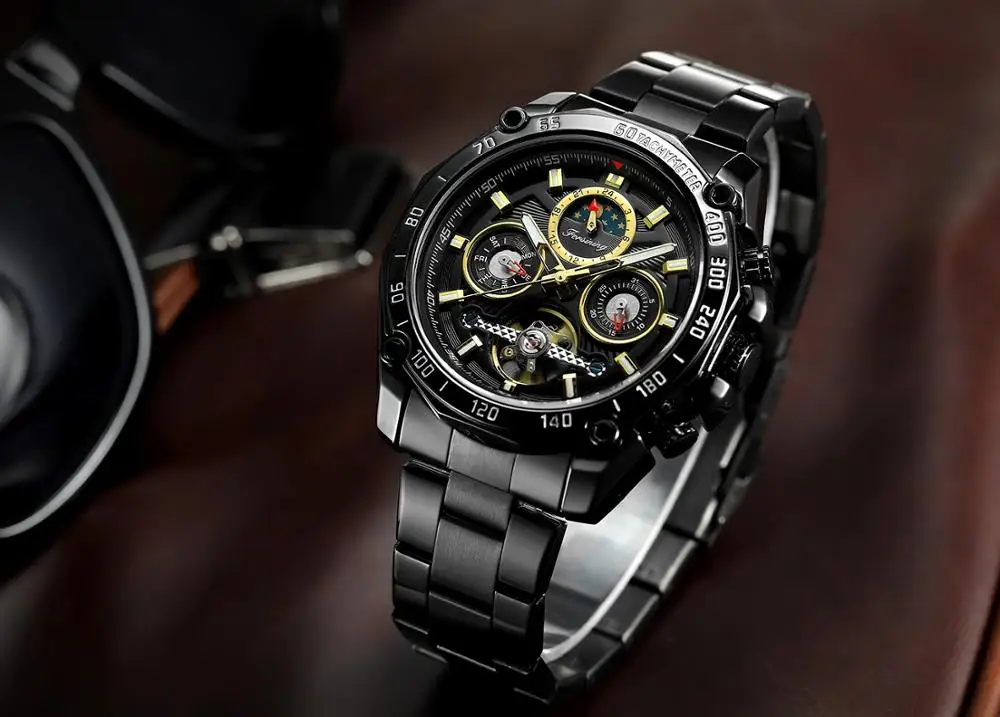 Forsining полностью черные Tourbillon механические часы мужские Moonphase Дата нержавеющая сталь Группа Автоматические наручные часы Erkek Kol Saati