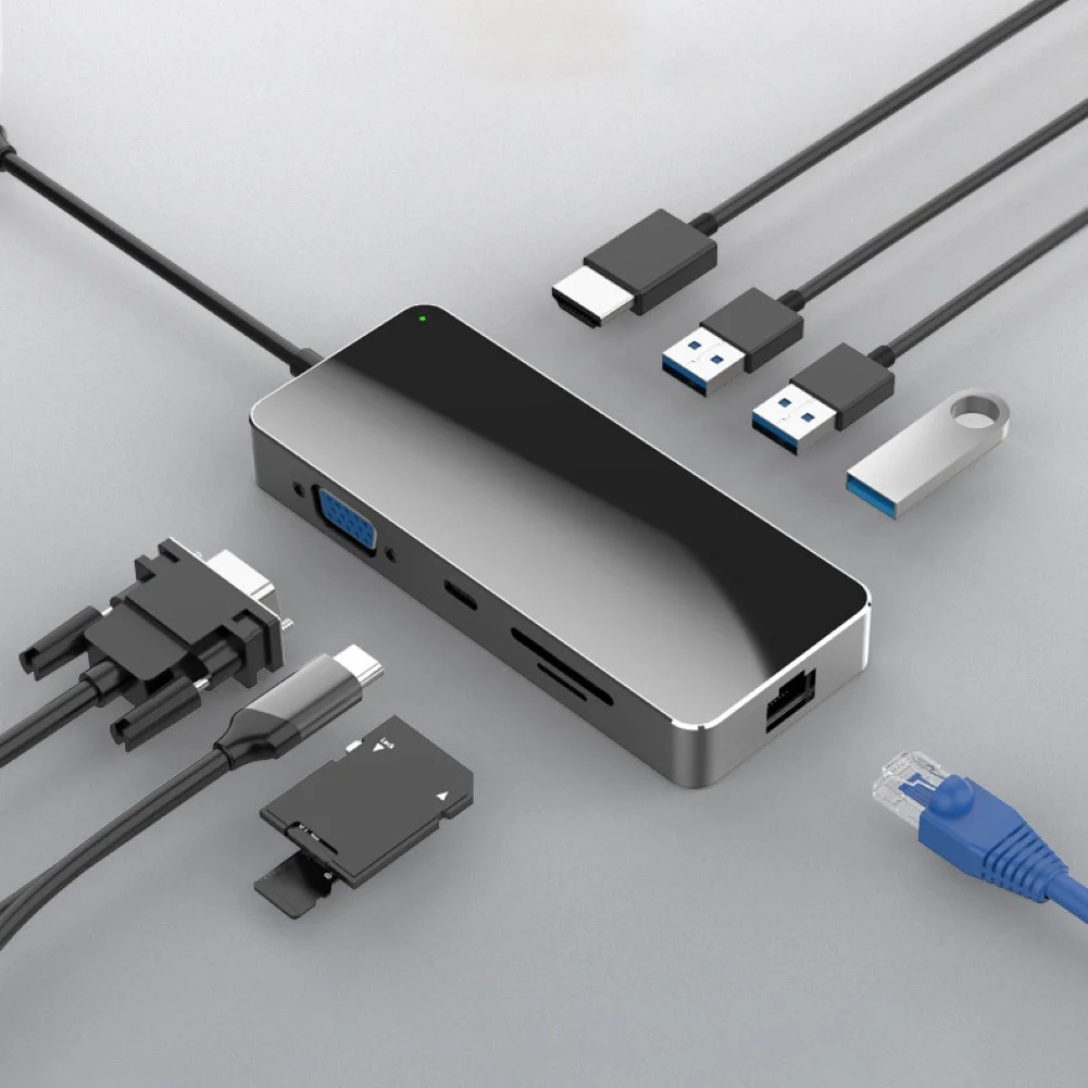 9 в 1 type-C к USB 3,0 док-станция для ноутбука RJ45 HDMI Micro-SD TF VGA адаптер концентратор для MacBook/samsung-Galaxy док-станция