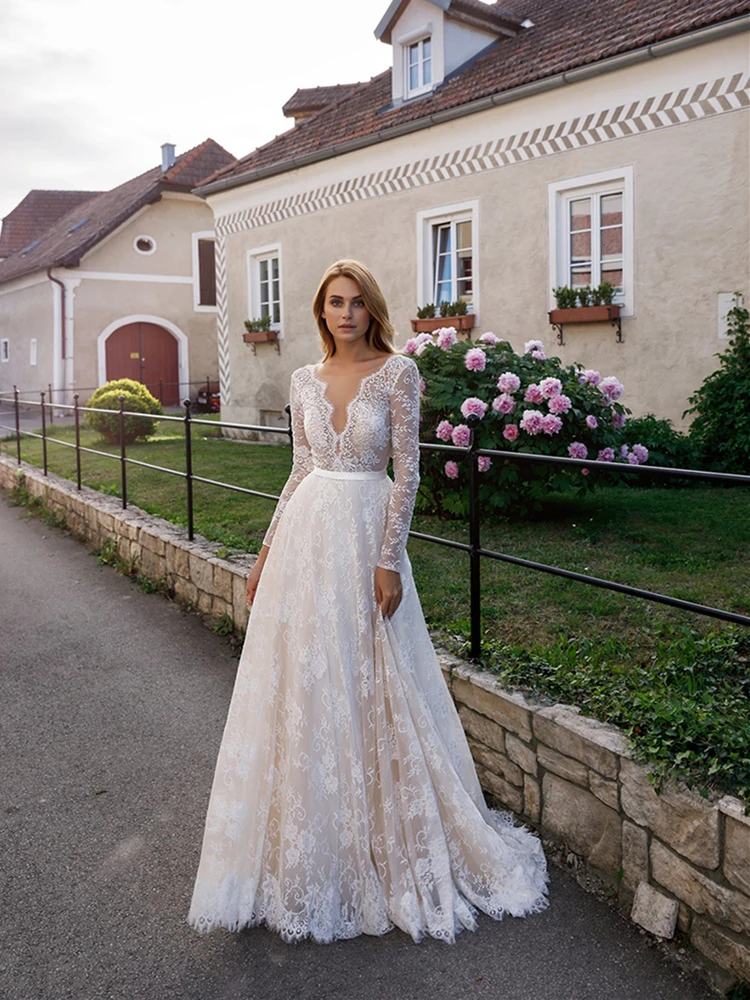 『Cheap!!!』- Boho Wedding Dress Full Lace Bohemian Long Sleeve V Neck
Champagne Lining A Line Bridal Gowns Vestidos De Noiva Custom Size