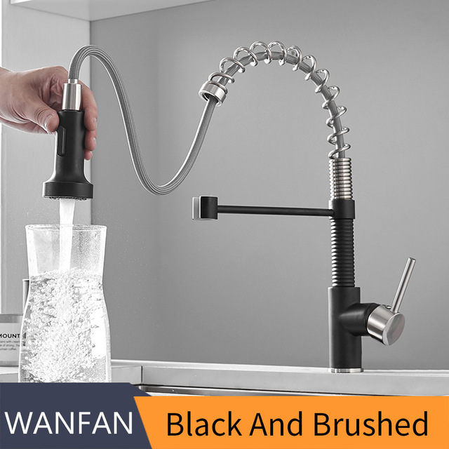 Faucets Brush Brass Faucets for Kitchen Sink  Single Lever Pull Out Spring Spout Mixers Tap Hot Cold Water Crane 866053R