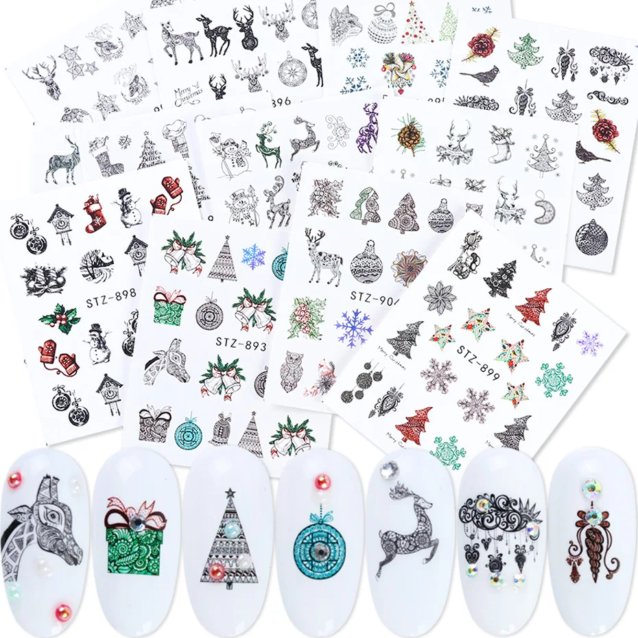 12pcs Xmas Nail Sticker Wraps Decal Snowflake Animal Christmas Tree Flower Decals Winter Water Transfer Slider JISTZ892-905