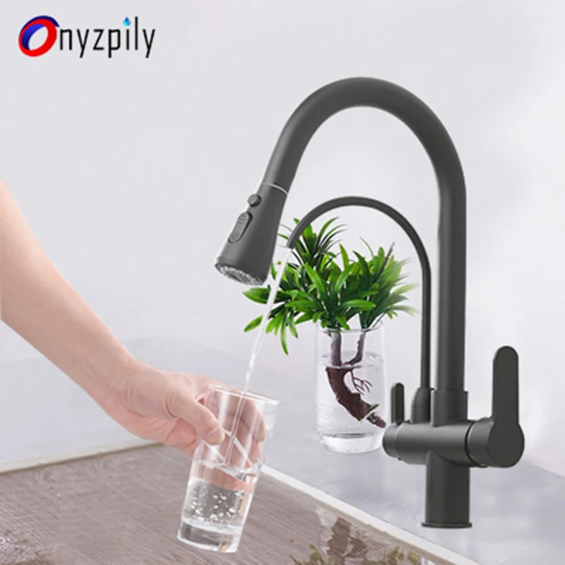 Матовый черный кран с фильтром Onyzpily для кухни выдвижной спрей поворотом на 360