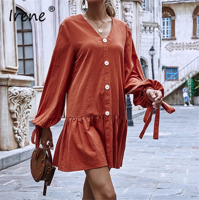 

Irene V Neck Casual A-Line Women Dress Lantern Sleeve Bowed Autumn Solid Loose Plus Size Ruffle 2020 Party Women Winter Dresses