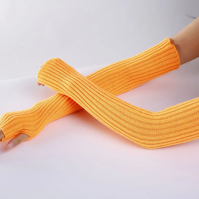 Новые женские длинные вязаные перчатки DIY теплые перчатки эластичные вязаные варежки Одноцветный, в полосочку классические шерстяные варежки - Цвет: Orange