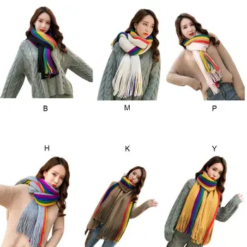 

Autumn Winter Scarf Women Rainbow Striped Thick Neck Scarf Warm Scarf Cashmere Tassel Shawl Girls Scarf Hot