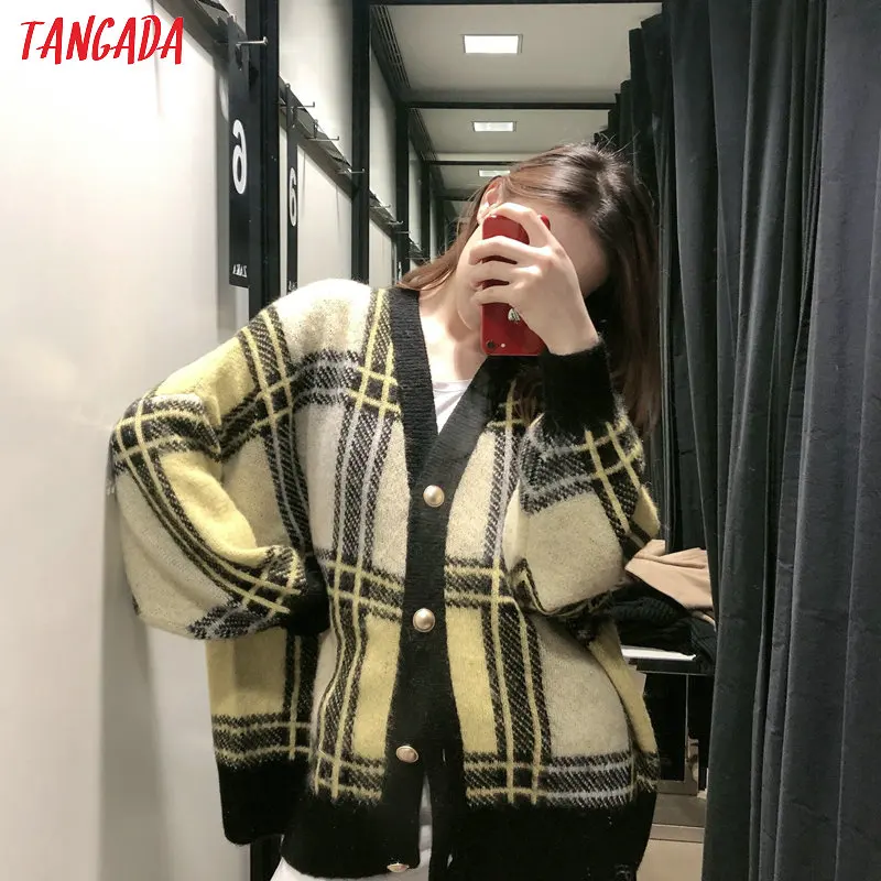 Tangada женский элегантный клетчатый кардиган винтажный джемпер женский модный вязаный кардиган большого размера пальто 3H235
