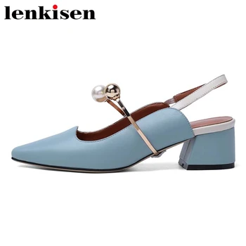 

Lenkisen new arrival summer genuine leather small square toe high heels shoes women pearl decorations elastic band sandals L13
