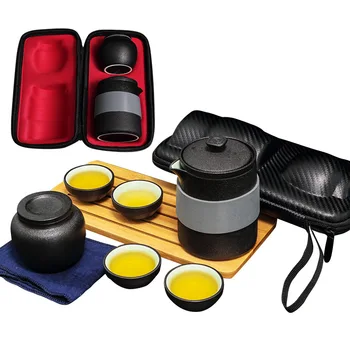 

Black Pottery Portable Express One Pot Four Cups Outdoor Travel Tea Set Office Business Gifts