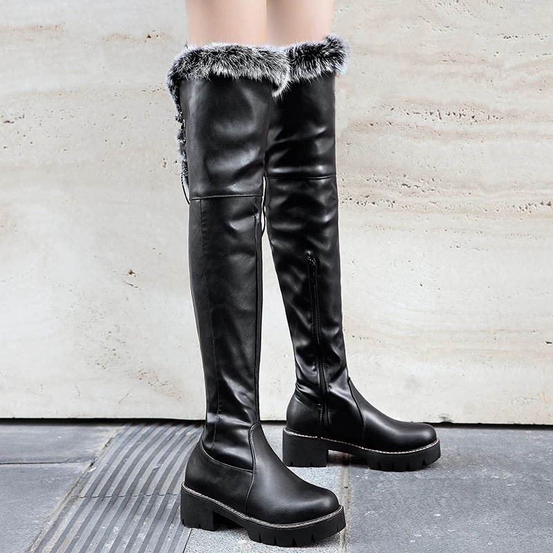 

Rimocy Waterproof Leather Over The Knee Boots Women Winter Fashion Lace Up Fur Warm Boots Woman Thick Sole Platform Shoes Mujer