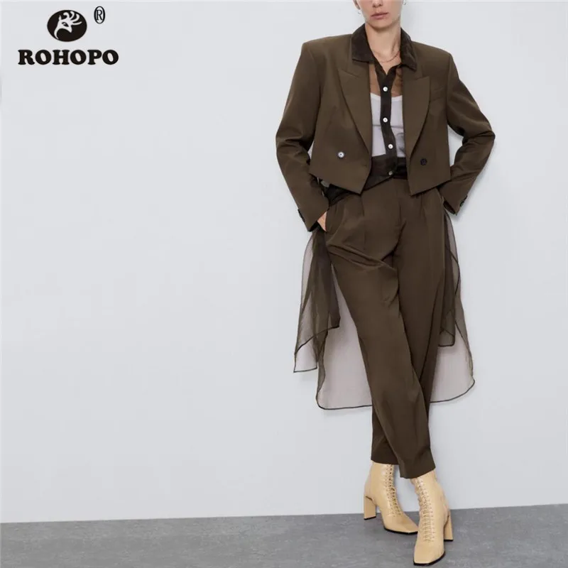 ROHOPO Double Style Collar Two Buttons Ladies Brown Short Blazer Long Sleeve Lapel Collar Autumn Slim Solid Outwear#6211