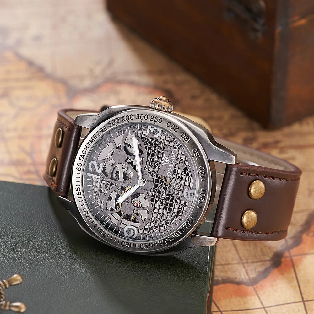 

Europe-asia wei ouyawei Retro Hollow out Classic Genuine Leather Fully Automatic Waterproof Men Analog Watch