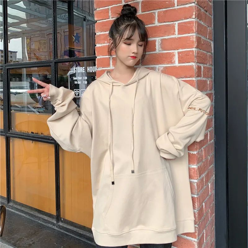 Толстовки женские Ulzzang Harajuku уличная весна осень большого размера, с длинным рукавом Студенческая тонкая однотонная Корейская стильная женская одежда - Цвет: khaki