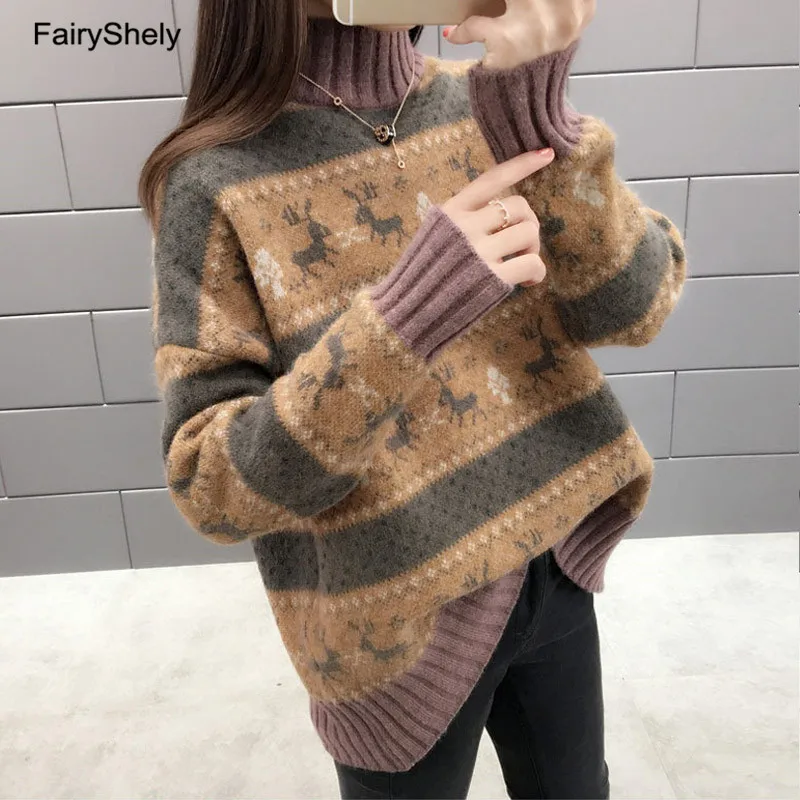 FairyShely Повседневный Рождественский женский свитер зимний теплый джемпер Свободный вязаный кашемировый свитер пуловер Топ Pull Hiver Femme