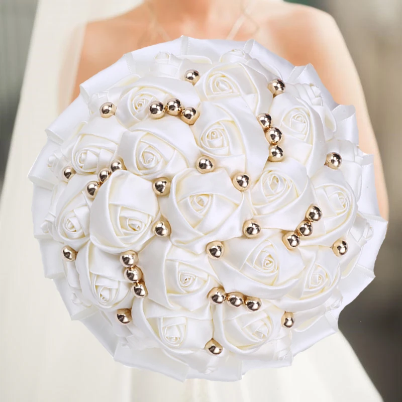 

1pc/lot White Wedding Bouquet Gold Diamond Silver Diamond Pearl Decoration Bridal Wedding Bouquet Artificial Ribbon Wedding