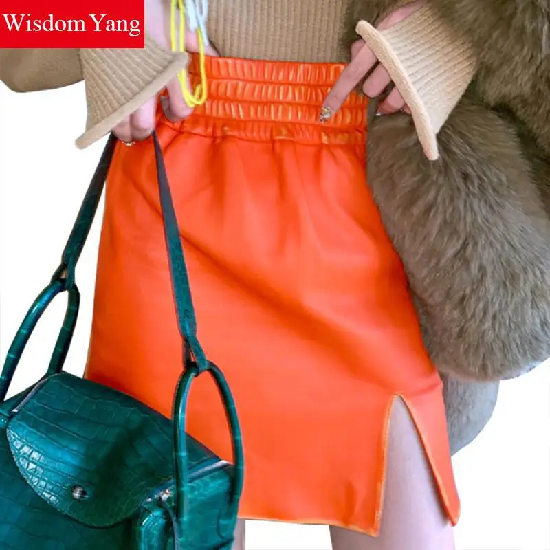 Autumn Winter Real Sheepskin Genuine Leather Skirt Womens Orange Black Mini Pencil Skirts Sexy Club Ladies Korean Wrap Skirts