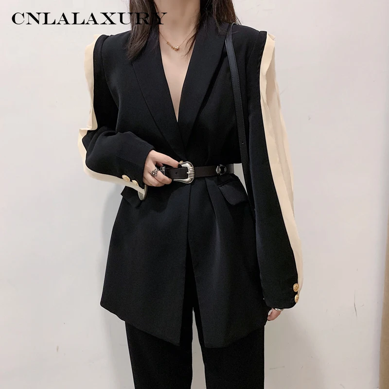 

2019 New Spring autumn Lapel Long Sleeve Hit Color Split Joint Loose Temperament Jacket Women Coat Fashion Tide coat