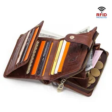 Мужской кошелек с блокировкой RFID, винтажный кошелек из натуральной кожи, маленький кошелек на молнии, короткий кошелек с отделением для монет и карт