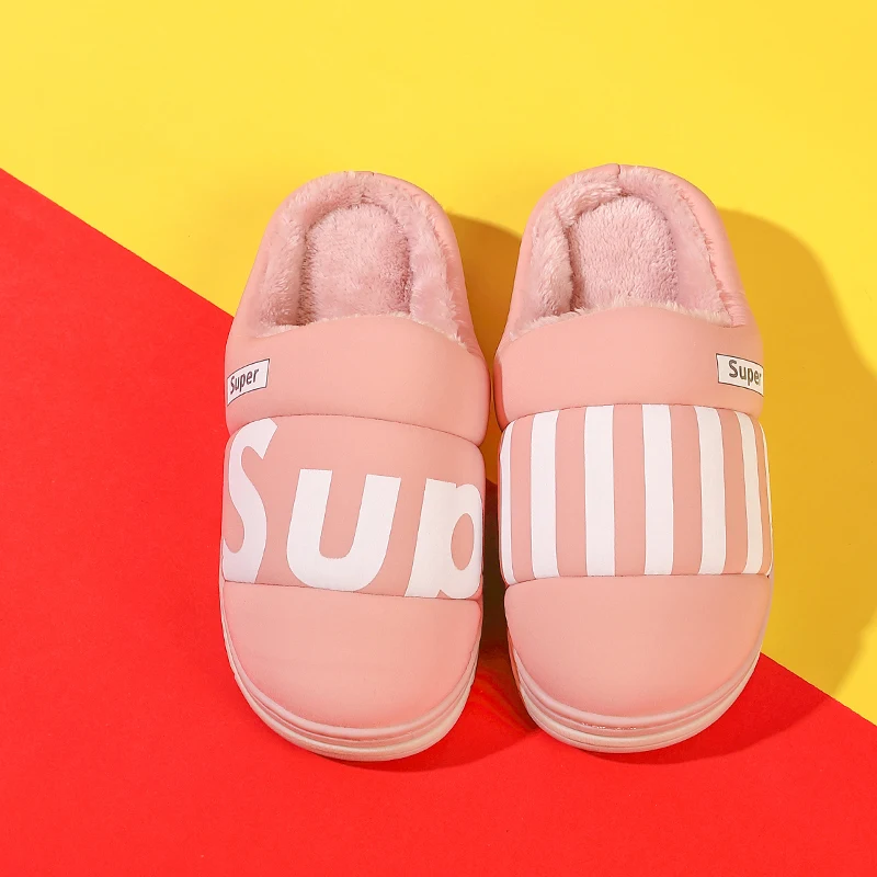 ASIFN Male Slippers with Fur Indoor Cotton Winter Men Waterproof Non-slip Warm Home Half-pack Female Slippers Couple - Color: Pink