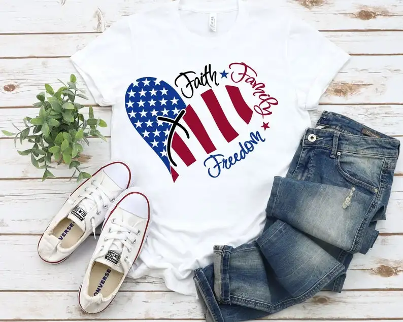 

Faith, Family & Freedom Family Fourth JulyPatriotic T-shirt Cotton Female Clothing Funny Graphic Short Sleeve Women O Neck Tees