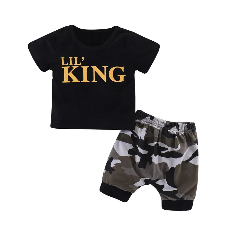 Комплект одежды с надписью «KING» для маленьких мальчиков, одежда для новорожденных г. Летний модный комплект из 2 предметов с принтом+ камуфляжные штаны детская одежда От 0 до 2 лет, D40
