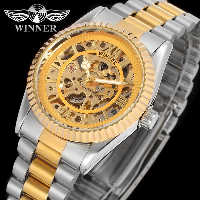 

WINNER Men Luxury Brand Roman Number Skeleton Stainless Steel Watch Automatic Mechanical Wristwatches Gift Box Relogio Releges