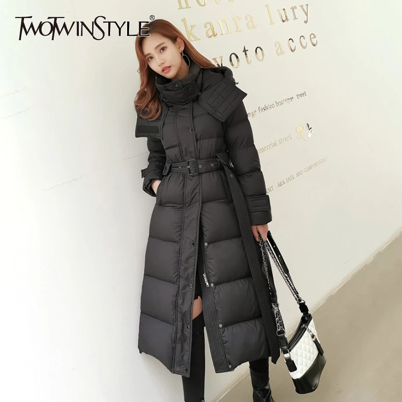 

TWOTWINSTYLE Korean Women's Parkas Turtleneck Hood Long Sleeve High Waist With Sashes Female Coat 2019 Winter Fashion New