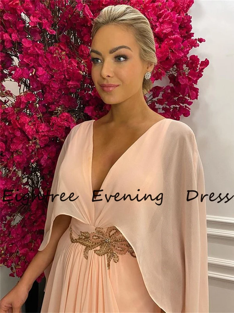 Light Pink Long Side Slit Saudi Arabia Evening Party Dresses A Line Chiffon Prom Dress V Neck Vestidos de festa Gala Gowns plus size evening dresses